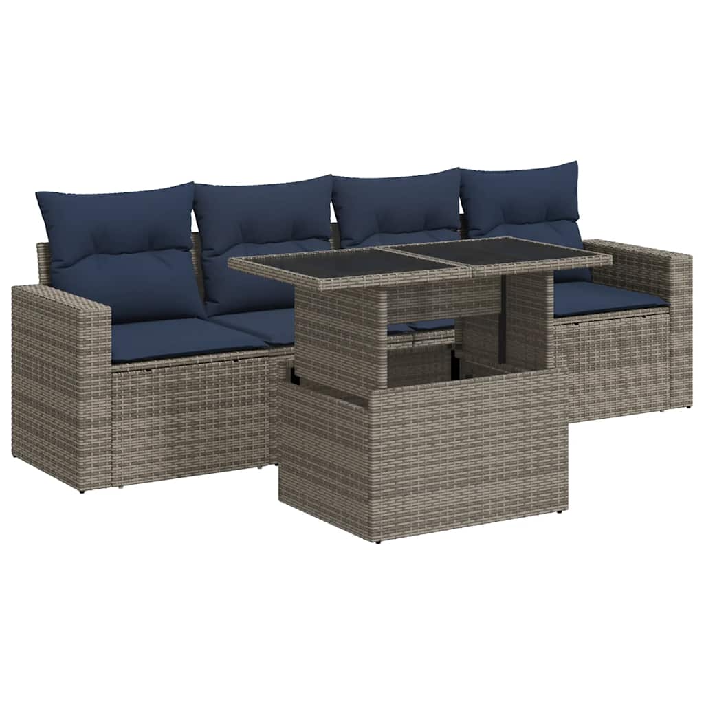 5 Piece Garden Sofa Set with Cushions Grey Poly Rattan Acacia