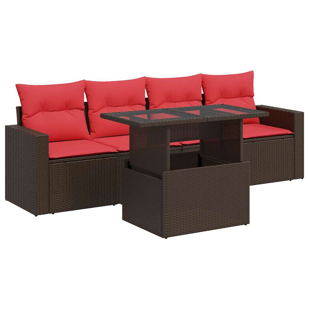 5 Piece Garden Sofa Set with Cushions Brown Poly Rattan Acacia