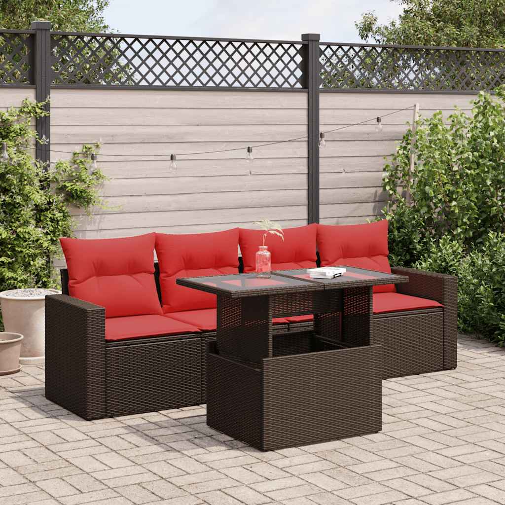 5 Piece Garden Sofa Set with Cushions Brown Poly Rattan Acacia