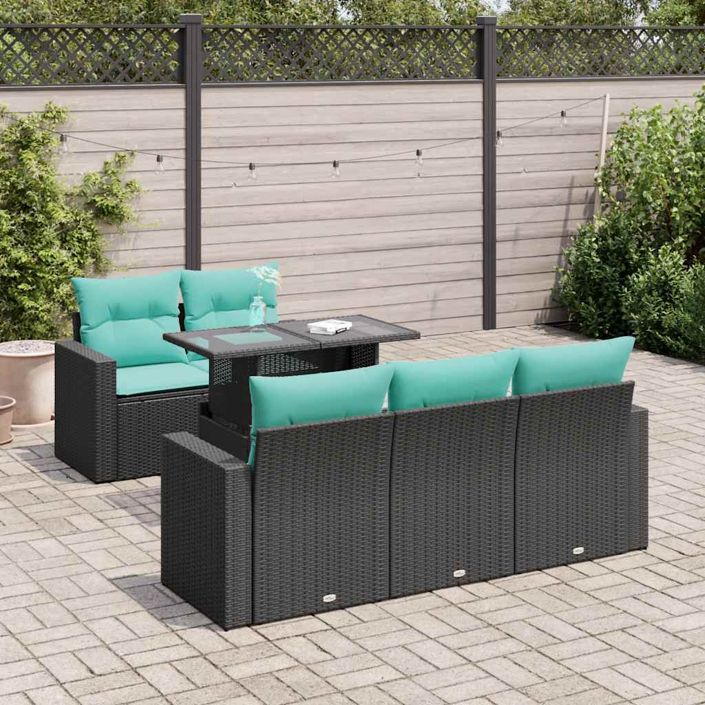 6 Piece Garden Sofa Set with Cushions Black Poly Rattan Acacia