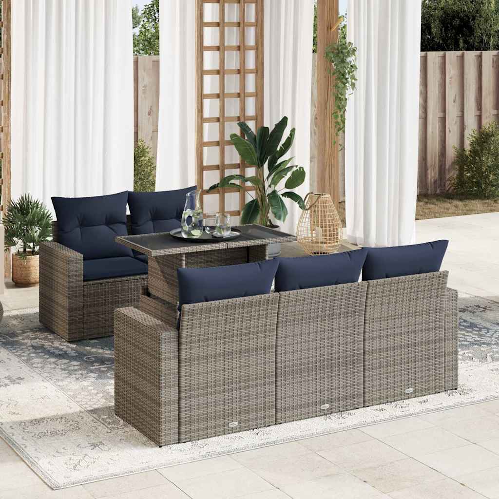 6 Piece Garden Sofa Set with Cushions Grey Poly Rattan Acacia