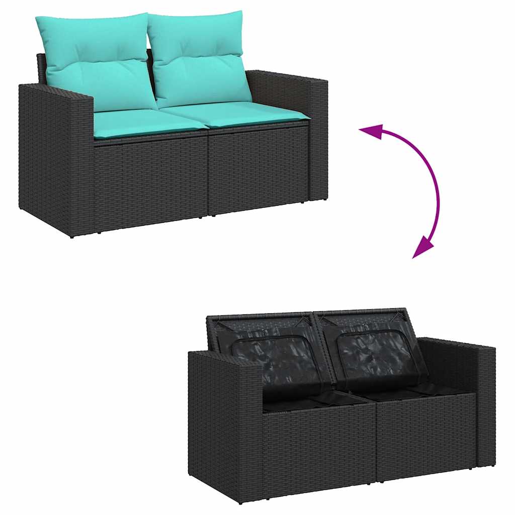 7 Piece Garden Sofa Set with Cushions Black Poly Rattan Acacia