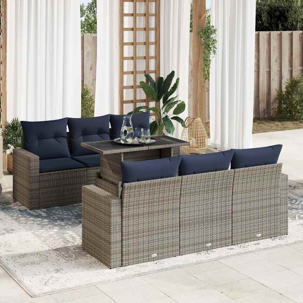 7 Piece Garden Sofa Set with Cushions Grey Poly Rattan Acacia