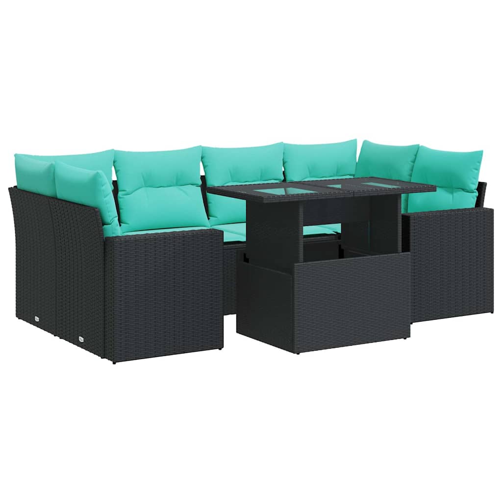 7 Piece Garden Sofa Set with Cushions Black Poly Rattan Acacia