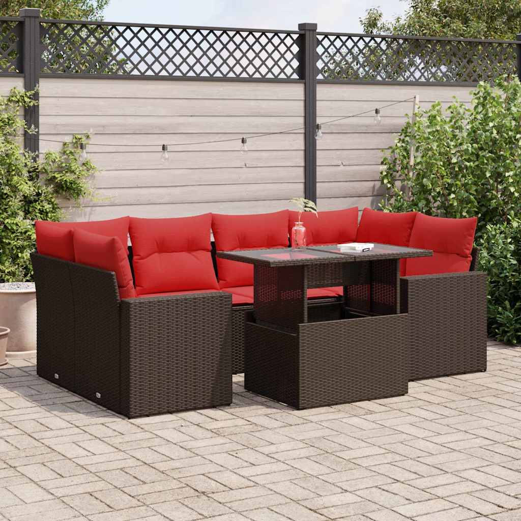 7 Piece Garden Sofa Set with Cushions Brown Poly Rattan Acacia