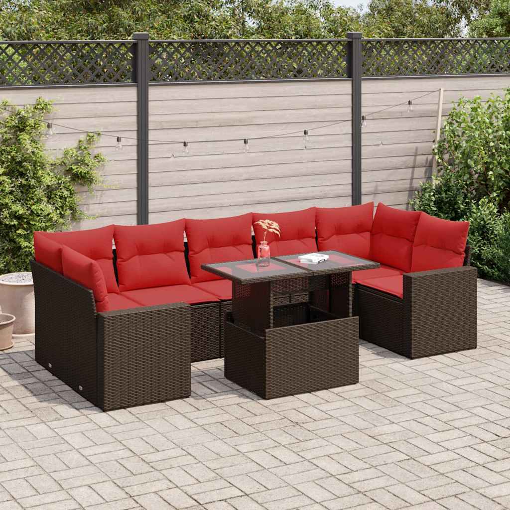 8 Piece Garden Sofa Set with Cushions Brown Poly Rattan Acacia