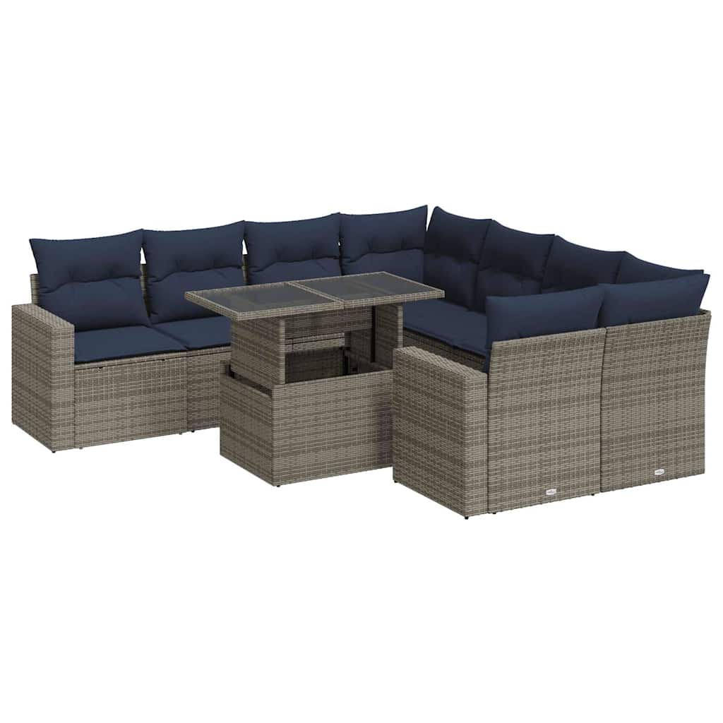9 Piece Garden Sofa Set with Cushions Grey Poly Rattan Acacia