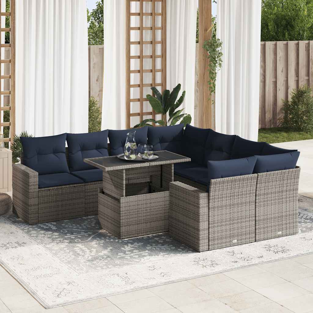 9 Piece Garden Sofa Set with Cushions Grey Poly Rattan Acacia