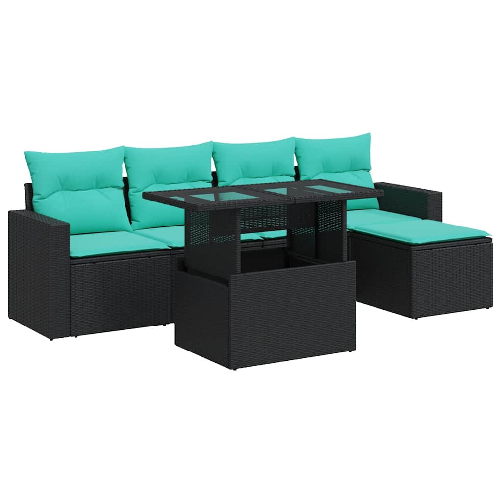6 Piece Garden Sofa Set with Cushions Black Poly Rattan Acacia