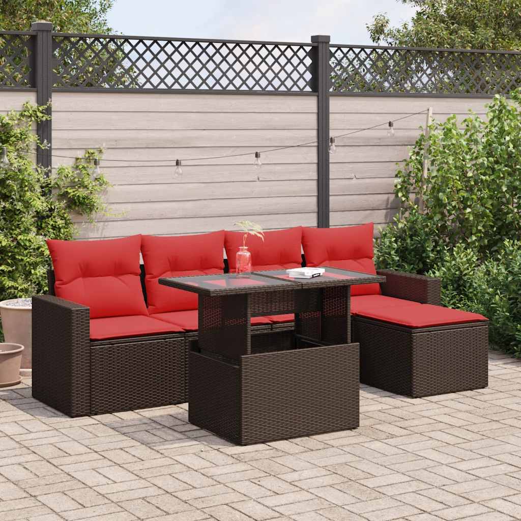 6 Piece Garden Sofa Set with Cushions Brown Poly Rattan Acacia