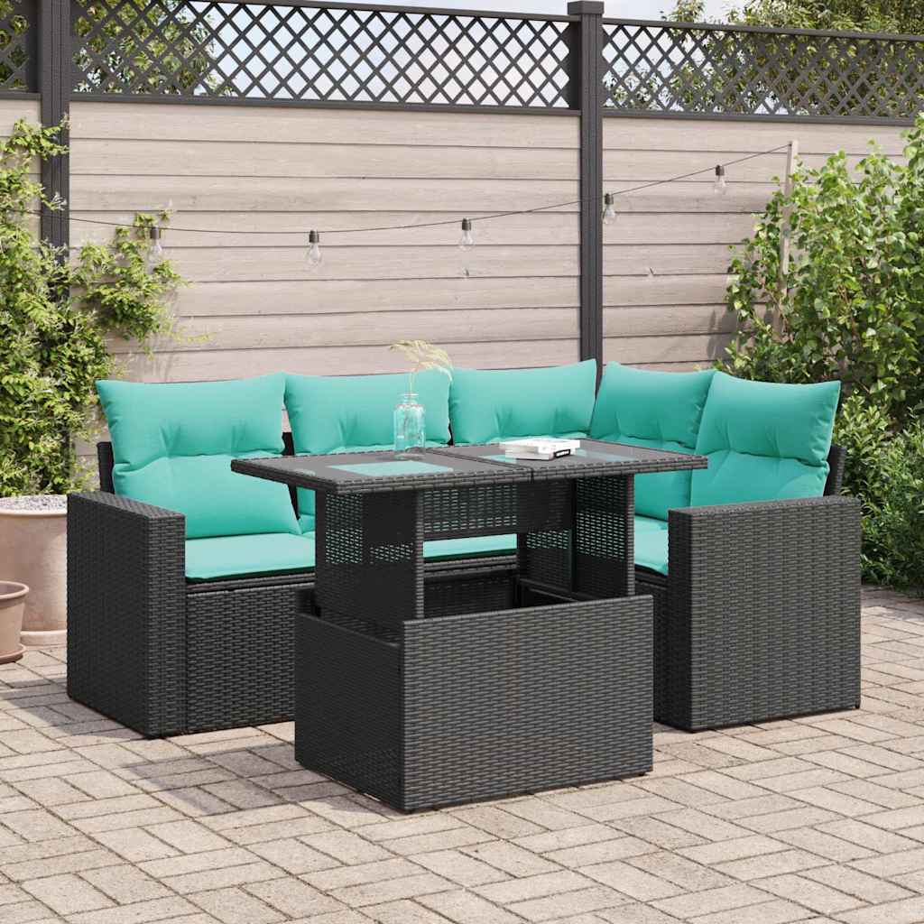 5 Piece Garden Sofa Set with Cushions Black Poly Rattan Acacia