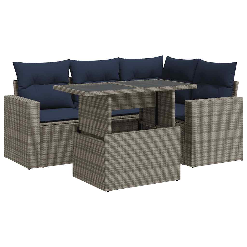 5 Piece Garden Sofa Set with Cushions Grey Poly Rattan Acacia