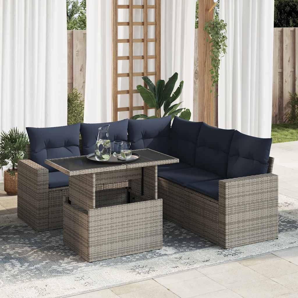 6 Piece Garden Sofa Set with Cushions Grey Poly Rattan Acacia