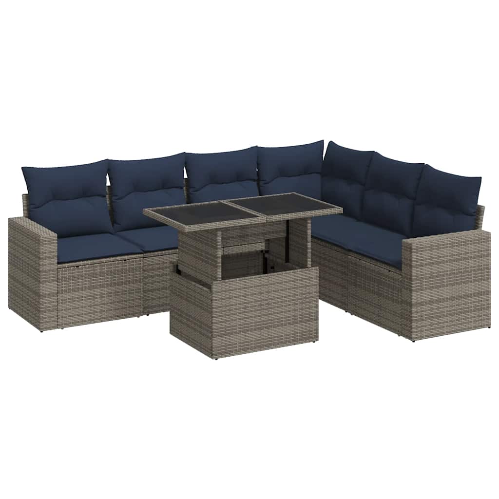 7 Piece Garden Sofa Set with Cushions Black Poly Rattan Acacia