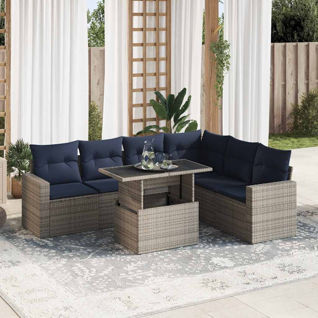 7 Piece Garden Sofa Set with Cushions Black Poly Rattan Acacia