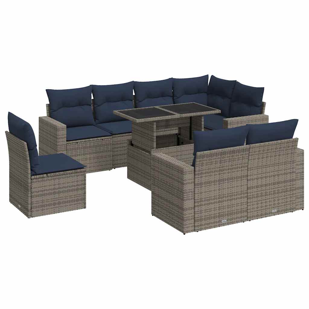 9 Piece Garden Sofa Set with Cushions Grey Poly Rattan Acacia