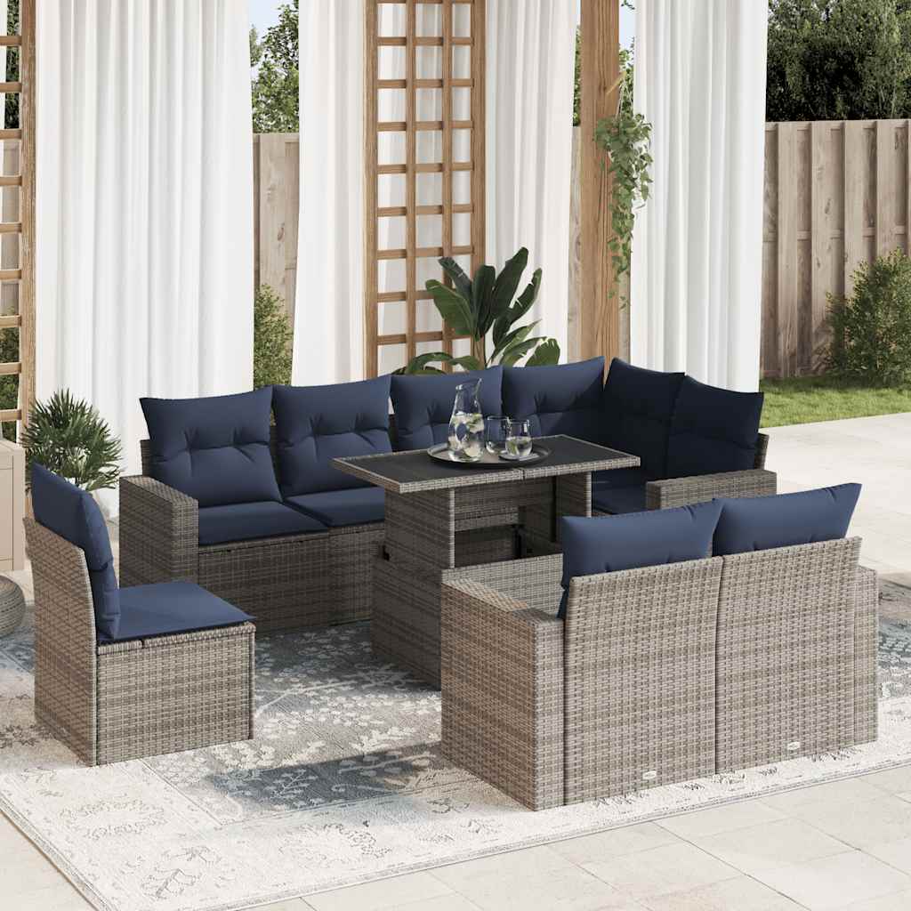 9 Piece Garden Sofa Set with Cushions Grey Poly Rattan Acacia