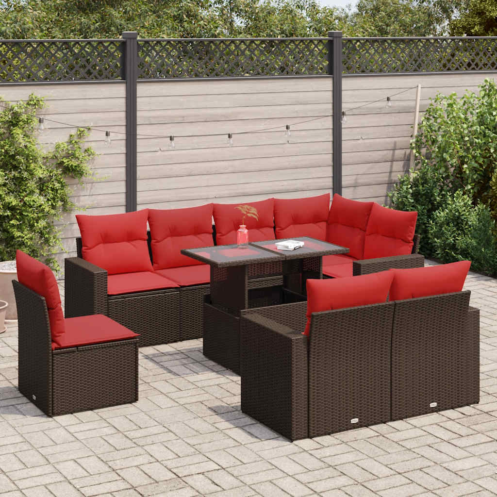 9 Piece Garden Sofa Set with Cushions Brown Poly Rattan Acacia