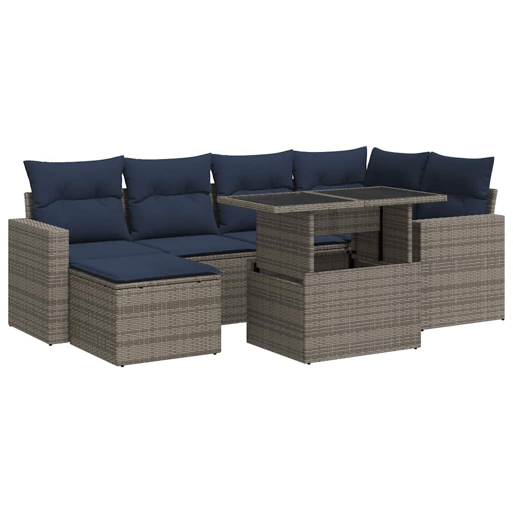 7 Piece Garden Sofa Set with Cushions Grey Poly Rattan Acacia