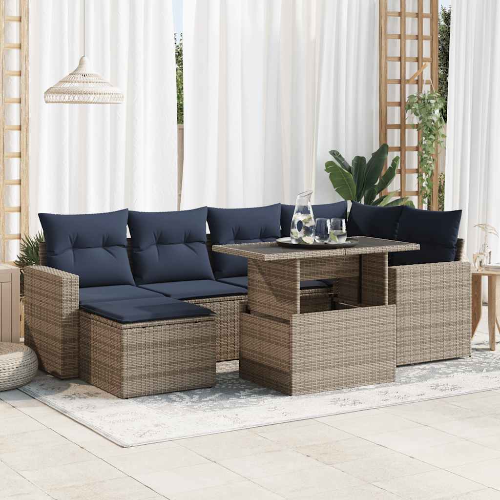 7 Piece Garden Sofa Set with Cushions Grey Poly Rattan Acacia