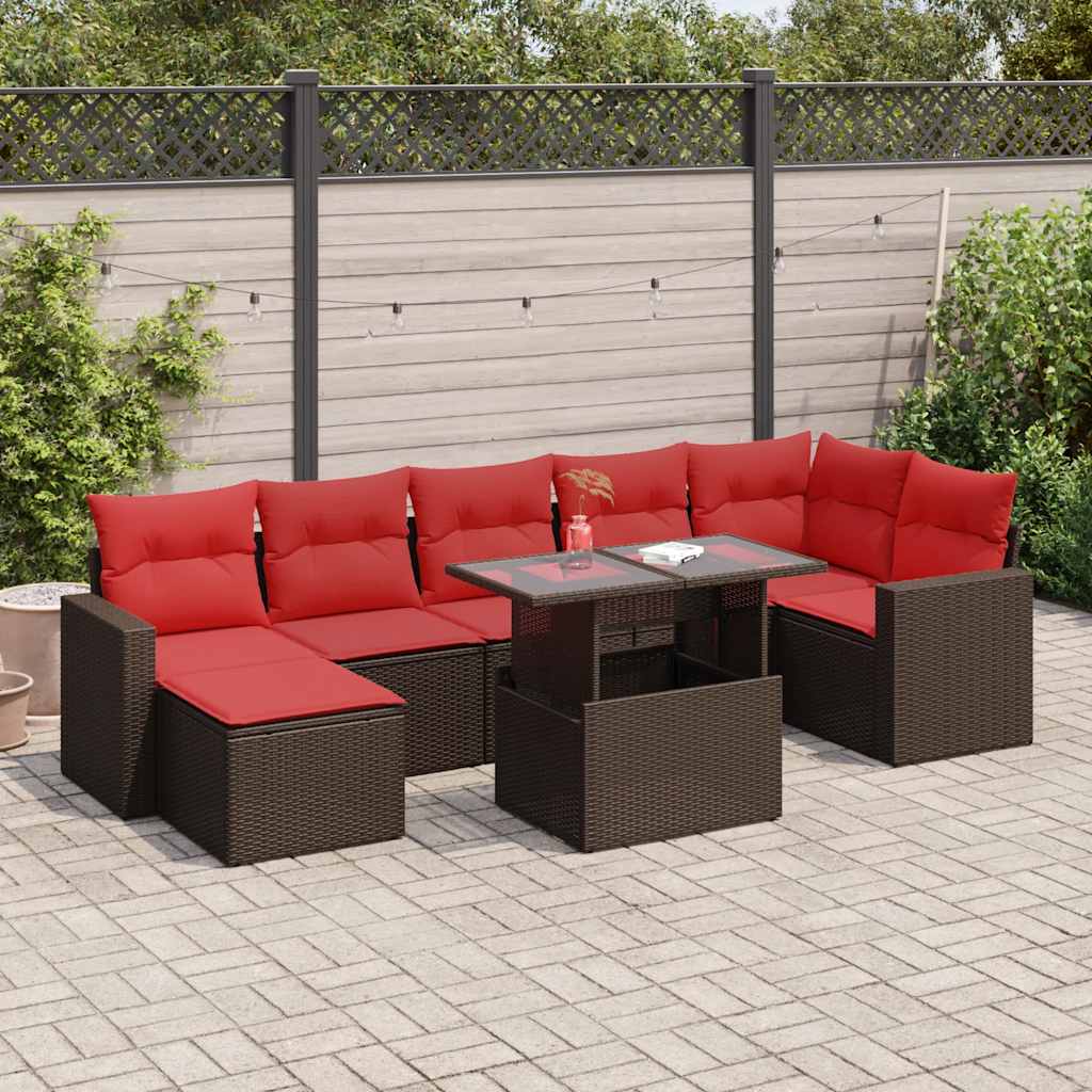 8 Piece Garden Sofa Set with Cushions Brown Poly Rattan Acacia
