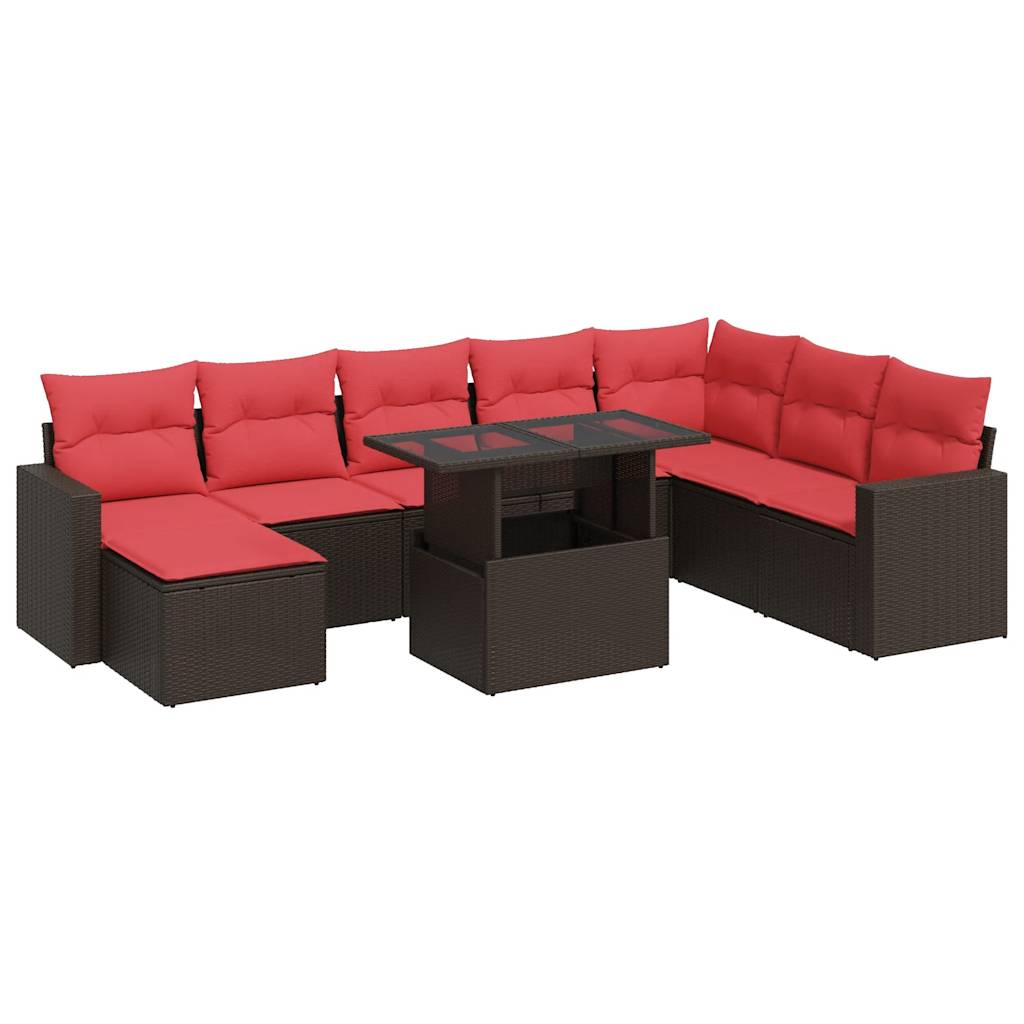 9 Piece Garden Sofa Set with Cushions Brown Poly Rattan Acacia