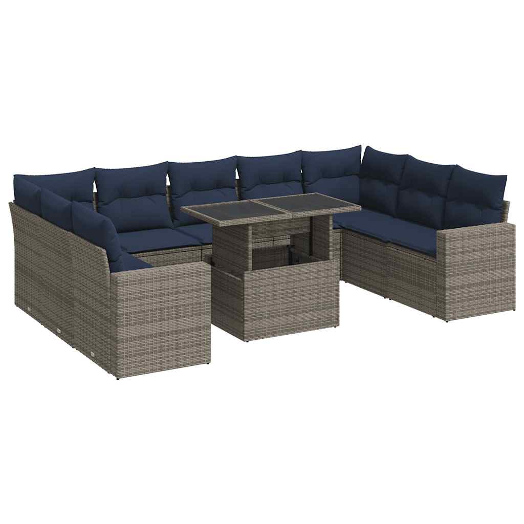 10 Piece Garden Sofa Set with Cushions Grey Poly Rattan Acacia