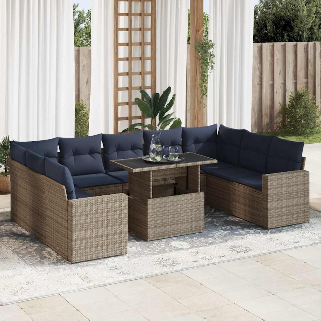 10 Piece Garden Sofa Set with Cushions Grey Poly Rattan Acacia