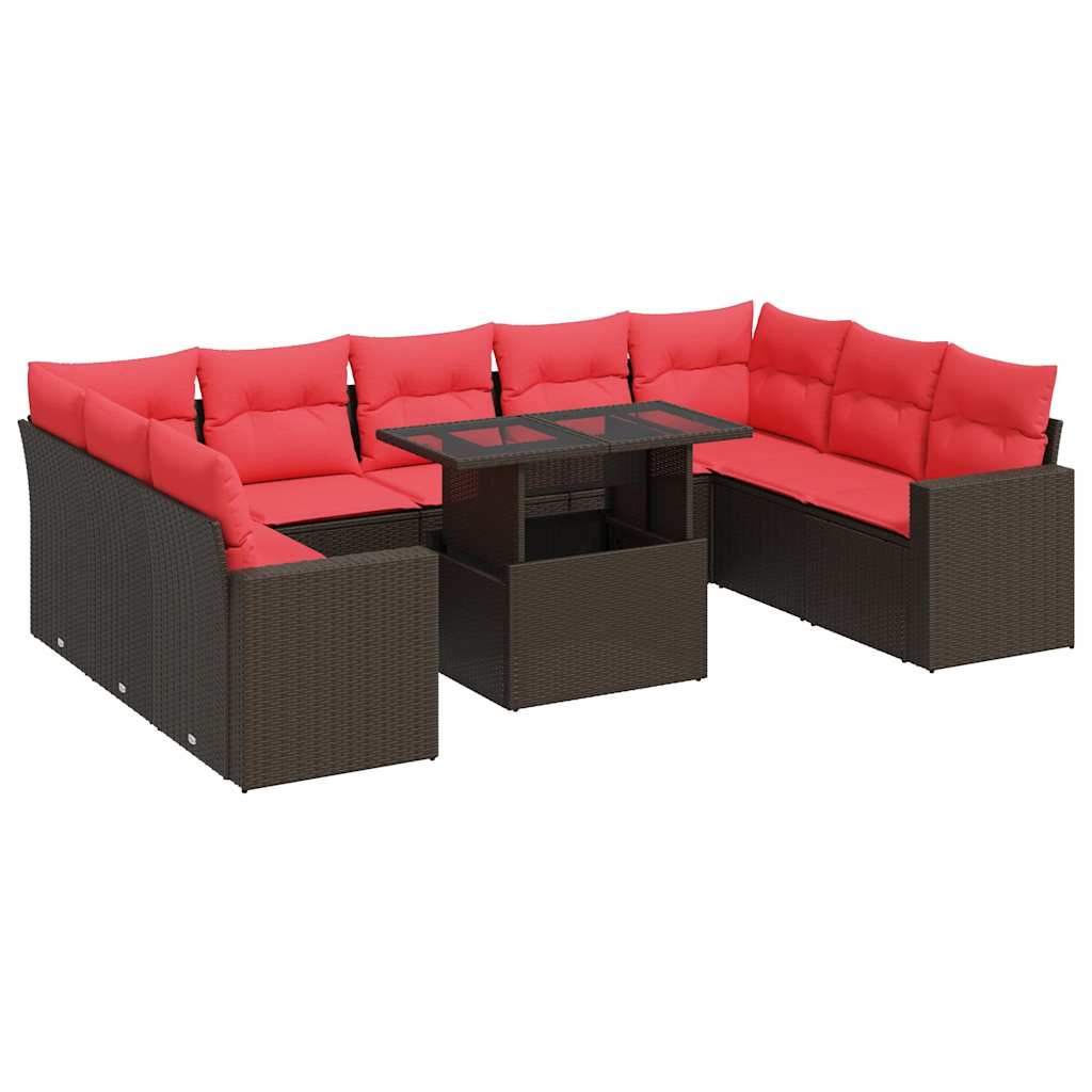 10 Piece Garden Sofa Set with Cushions Brown Poly Rattan Acacia