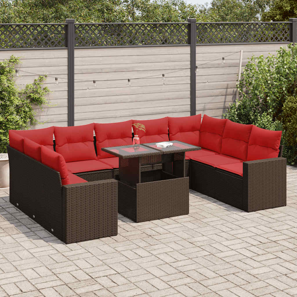 10 Piece Garden Sofa Set with Cushions Brown Poly Rattan Acacia