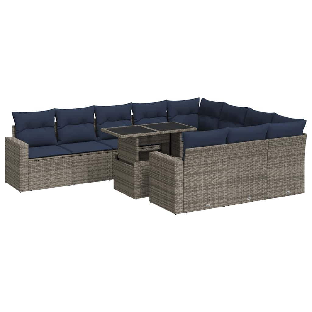 11 Piece Garden Sofa Set with Cushions Grey Poly Rattan Acacia