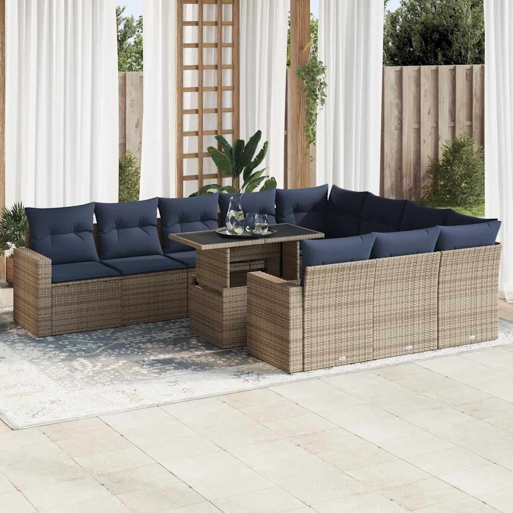 11 Piece Garden Sofa Set with Cushions Grey Poly Rattan Acacia