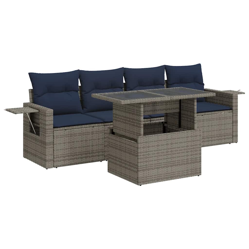 5 Piece Garden Sofa Set with Cushions Grey Poly Rattan