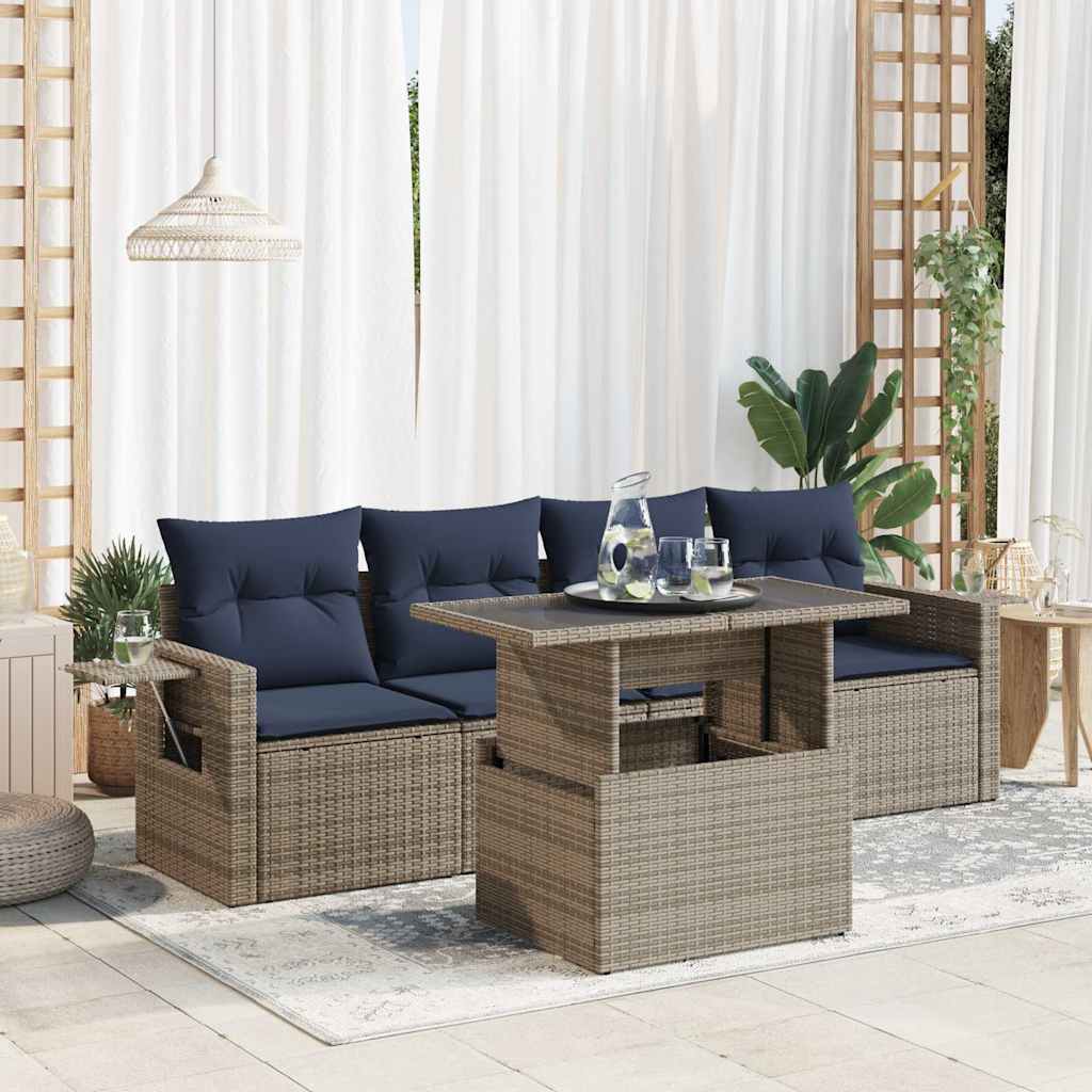 5 Piece Garden Sofa Set with Cushions Grey Poly Rattan