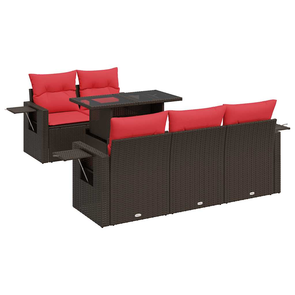 6 Piece Garden Sofa Set with Cushions Brown Poly Rattan Acacia