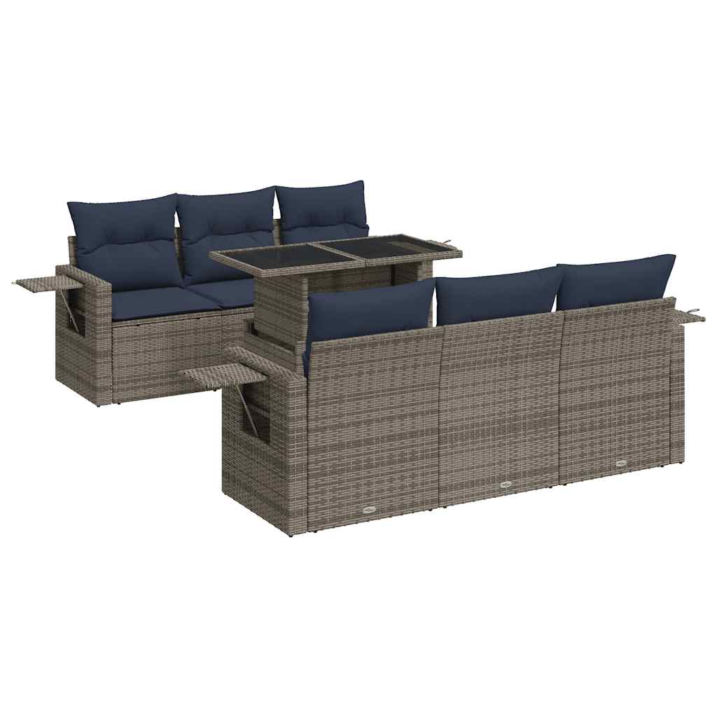 7 Piece Garden Sofa Set with Cushions Grey Poly Rattan Acacia