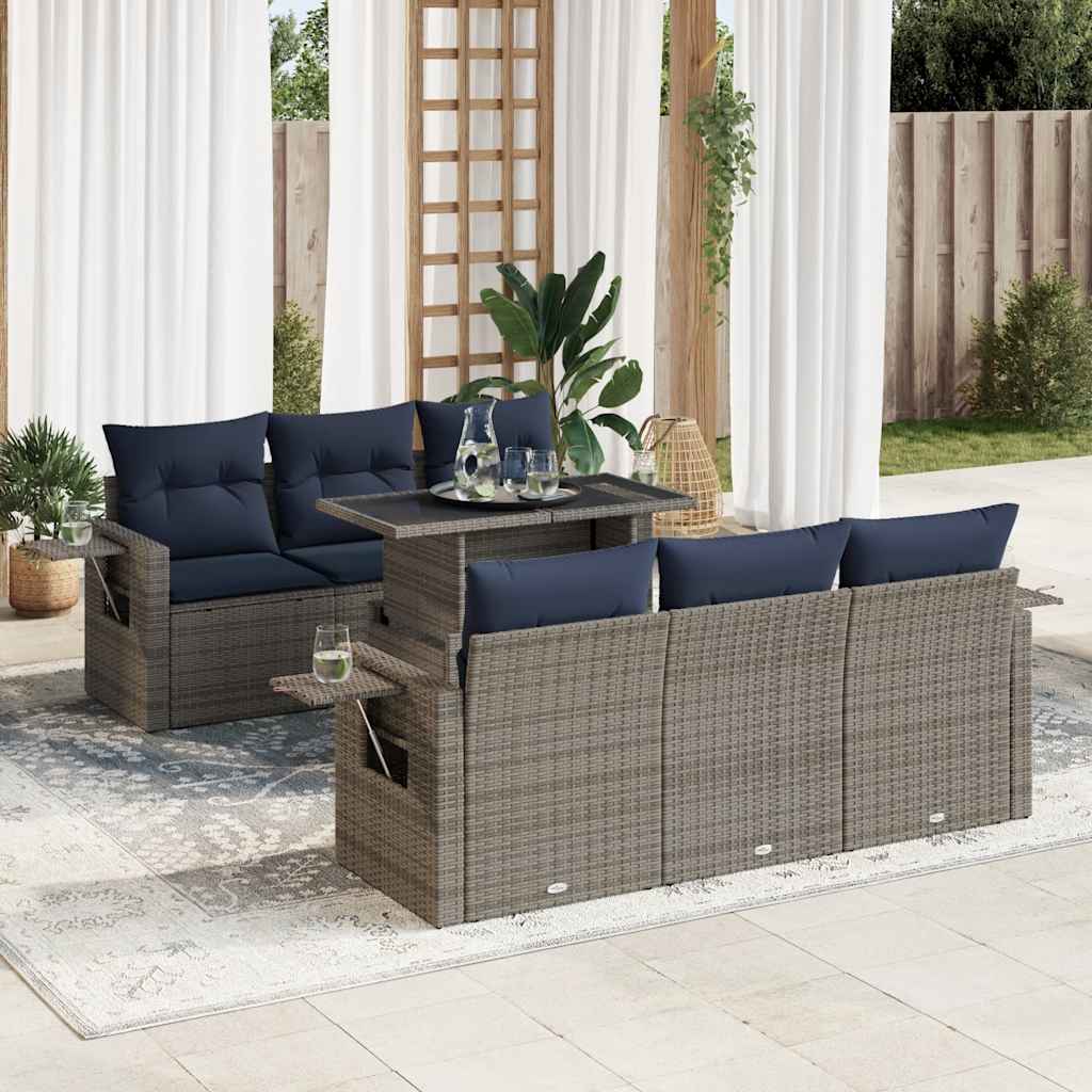 7 Piece Garden Sofa Set with Cushions Grey Poly Rattan Acacia