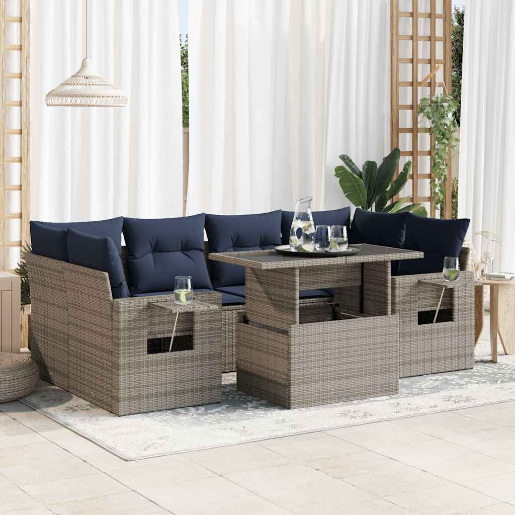 7 Piece Garden Sofa Set with Cushions Grey Poly Rattan