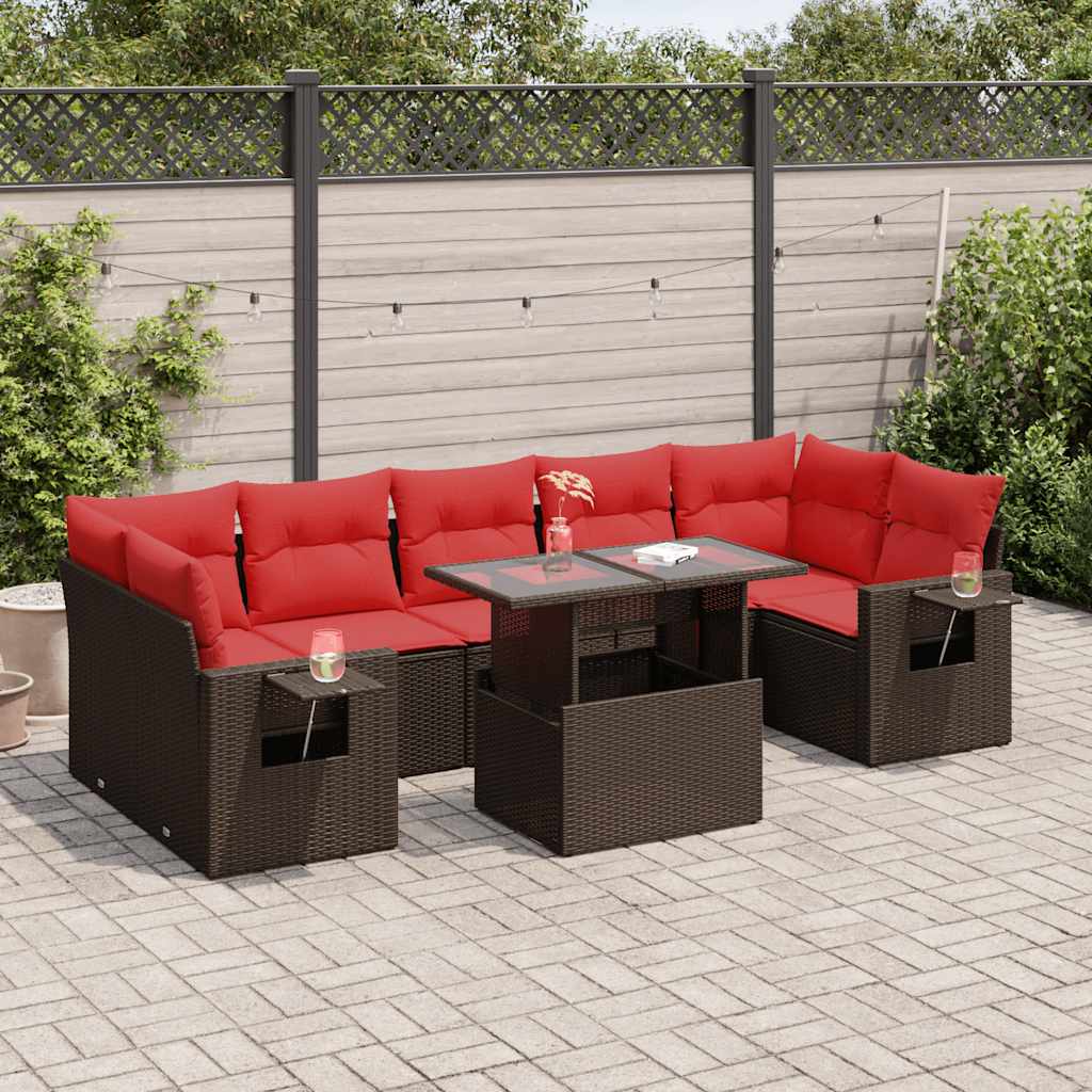 8 Piece Garden Sofa Set with Cushions Brown Poly Rattan Acacia