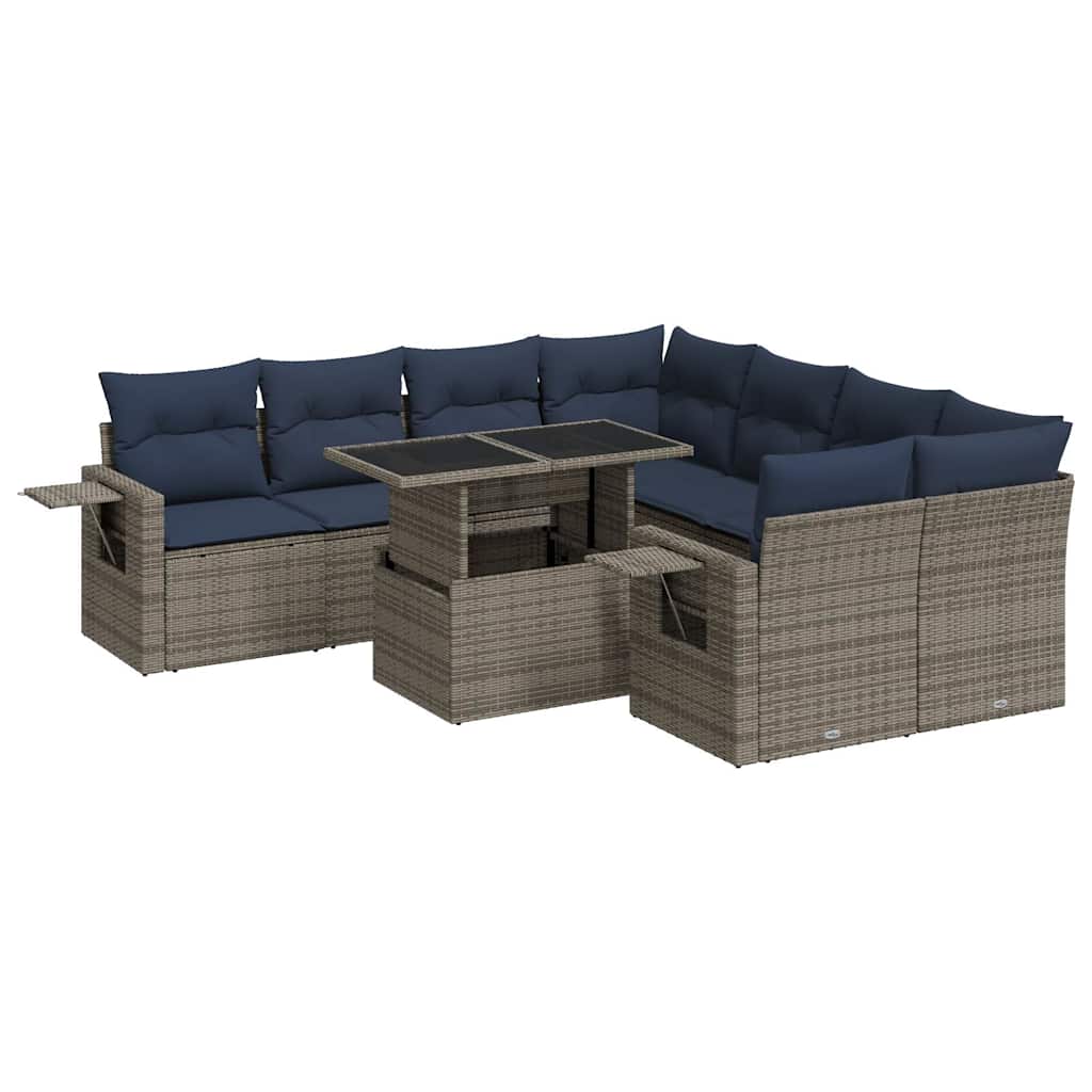 9 Piece Garden Sofa Set with Cushions Grey Poly Rattan Acacia