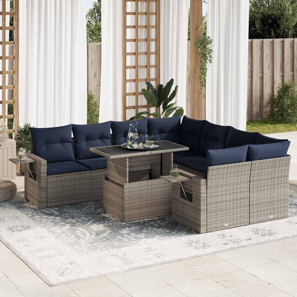 9 Piece Garden Sofa Set with Cushions Grey Poly Rattan Acacia