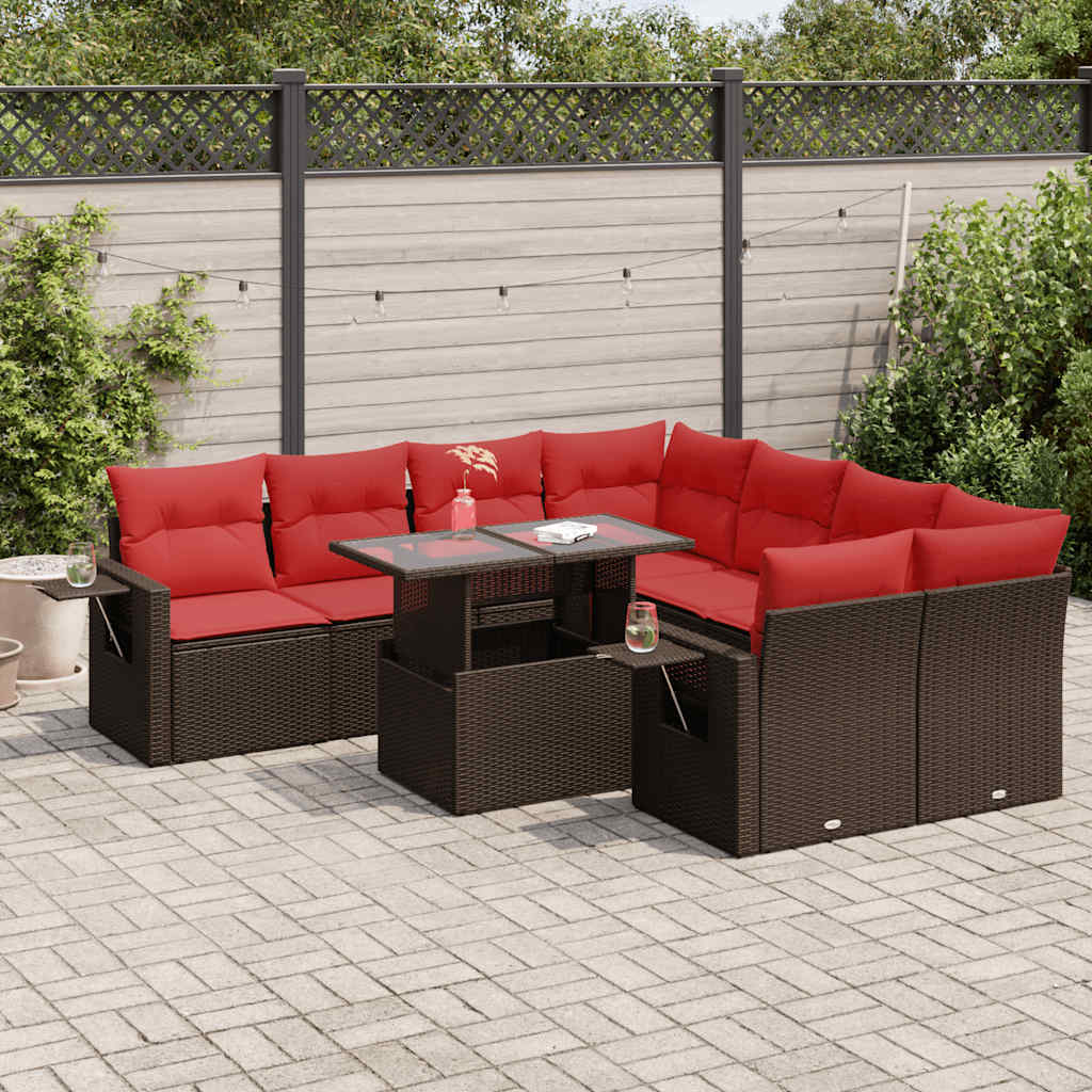 9 Piece Garden Sofa Set with Cushions Brown Poly Rattan Acacia