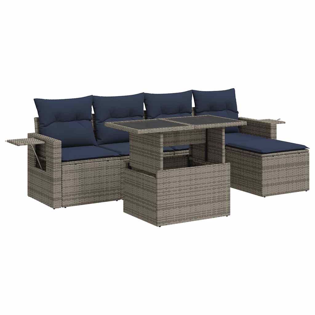 6 Piece Garden Sofa Set with Cushions Grey Poly Rattan Acacia