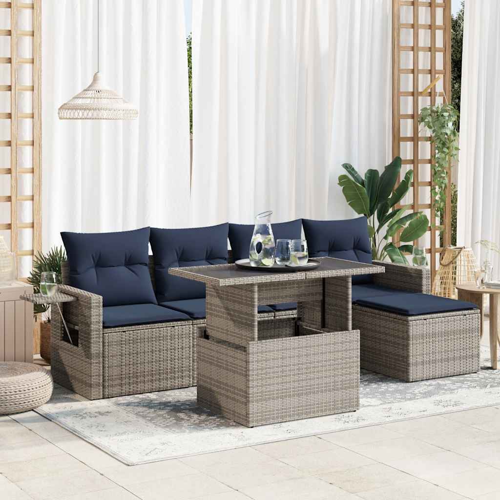 6 Piece Garden Sofa Set with Cushions Grey Poly Rattan Acacia