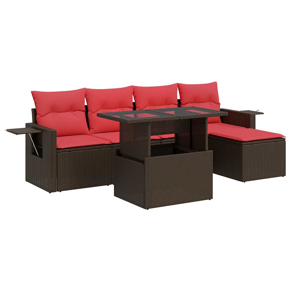 6 Piece Garden Sofa Set with Cushions Brown Poly Rattan Acacia