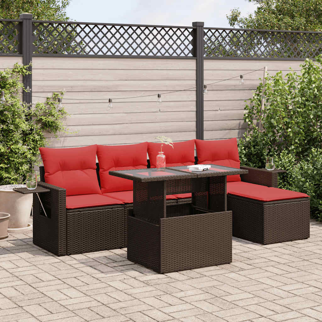 6 Piece Garden Sofa Set with Cushions Brown Poly Rattan Acacia