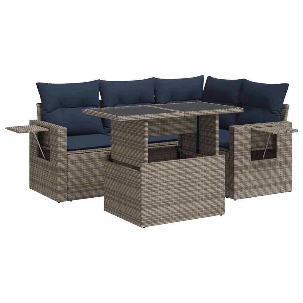 5 Piece Garden Sofa Set with Cushions Grey Poly Rattan Acacia