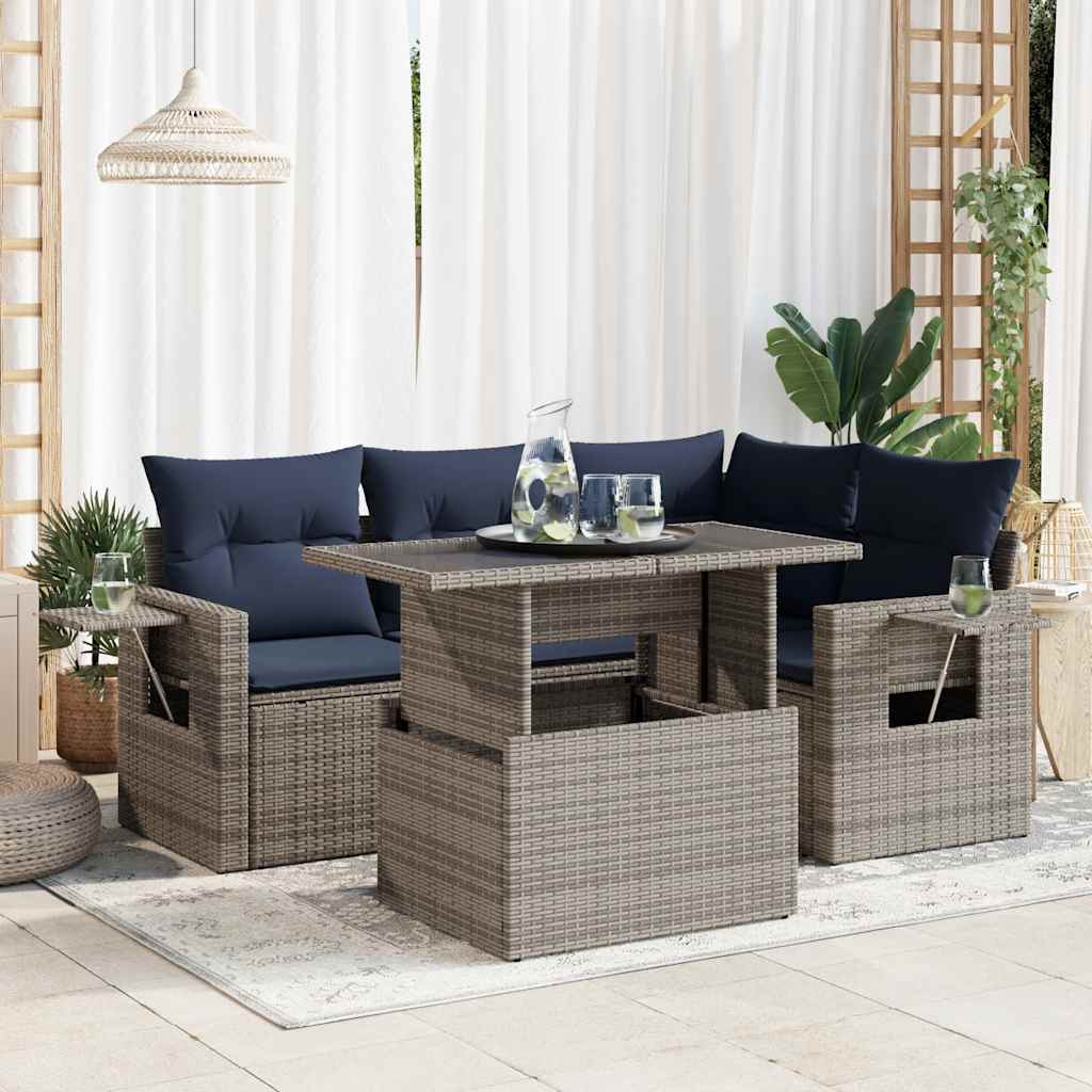 5 Piece Garden Sofa Set with Cushions Grey Poly Rattan Acacia