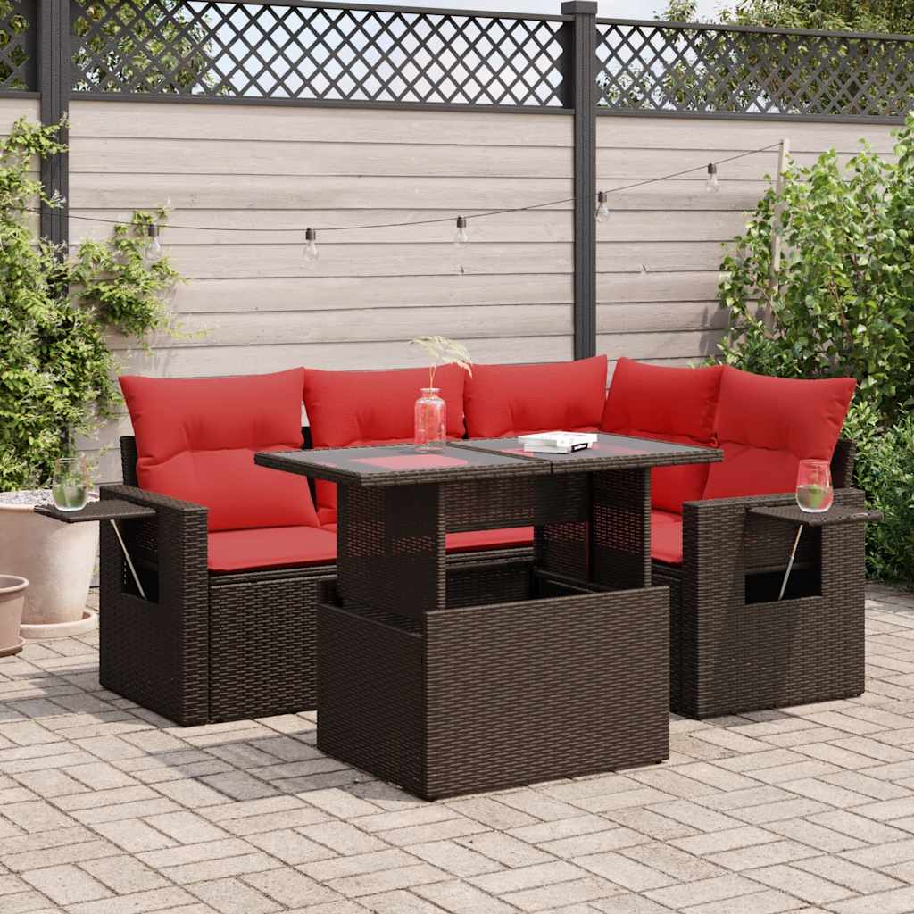 5 Piece Garden Sofa Set with Cushions Brown Poly Rattan Acacia