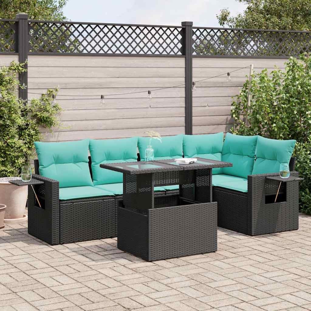 6 Piece Garden Sofa Set with Cushions Black Poly Rattan Acacia